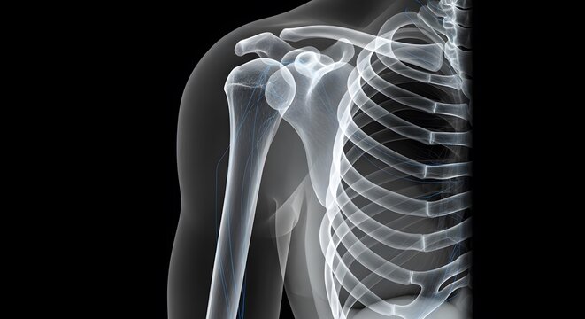 Close-up medical x-ray image of a human shoulder and ribcage against a dark background.