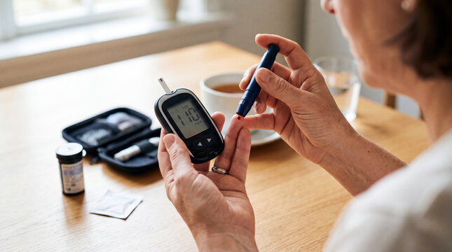 Blood glucose meter Diabetes test Female hands holding Blood sugar monitor Medical device Home health care Diabetes management Finger prick test Health monitoring Wooden table Woman testing blood