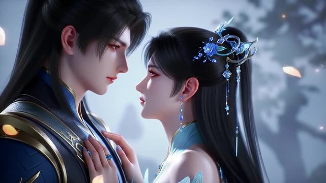 Anime Couple Intimate Moment Under Magical Falling Leaves.