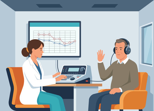 Man at a hearing test with headphones in audiology clinic for tinnitus, sound sensitivity or approach and treatment to auditory loss. Patient and doctor at ear care exam, checking medical diagnosis