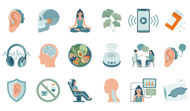 Tinnitus approach and treatment set with hearing aid, white noise machine and smartphone with sound waves. Collection of medication pills, ginkgo biloba and meditation or cochlea implant for therapy