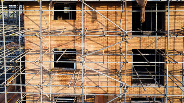 Aerial view of scaffolding around a new house