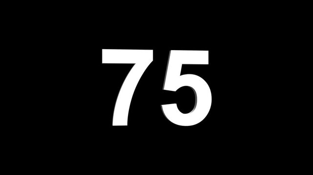 Bold white 3D number 75 illuminated on a black backdrop, ideal for anniversaries, milestones, business achievements, or promotional campaigns. Animated alphabet symbol loop animation.