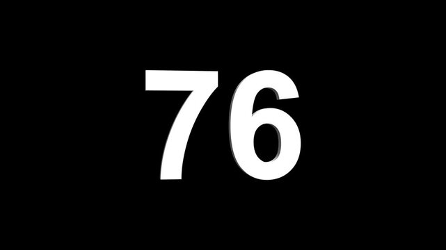 Bold white 3D number 76 illuminated on a black backdrop, ideal for anniversaries, milestones, business achievements, or promotional campaigns. Animated alphabet symbol loop animation.