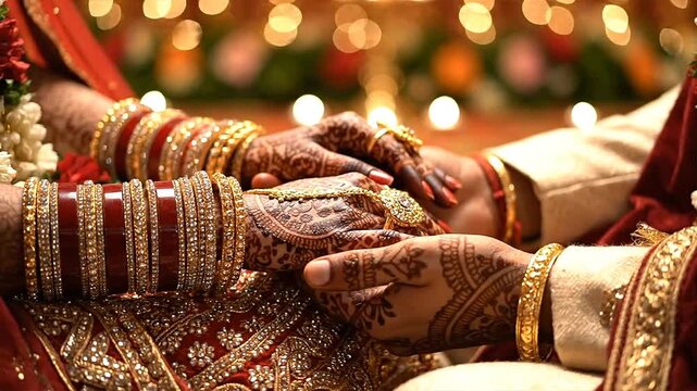 Indian Wedding Couple Holding Hands During Ceremony.