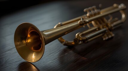 Fototapeta premium Vintage Brass Trumpet Resting on Dark Wooden Table in Moody Lighting
