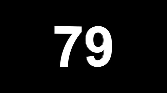 Bold white 3D number 79 illuminated on a black backdrop, ideal for anniversaries, milestones, business achievements, or promotional campaigns. Animated alphabet symbol loop animation.