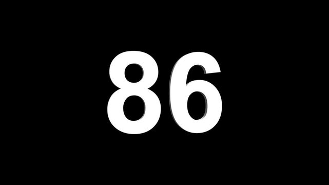 Bold white 3D number 86 illuminated on a black backdrop, ideal for anniversaries, milestones, business achievements, or promotional campaigns. Animated alphabet symbol loop animation.
