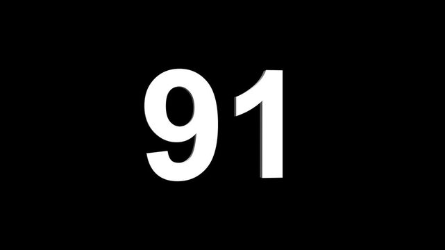 Bold white 3D number 91 illuminated on a black backdrop, ideal for anniversaries, milestones, business achievements, or promotional campaigns. Animated alphabet symbol loop animation.