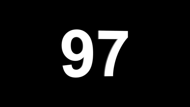 Bold white 3D number 97 illuminated on a black backdrop, ideal for anniversaries, milestones, business achievements, or promotional campaigns. Animated alphabet symbol loop animation.