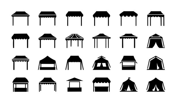 Market Stall and Tent Icon Set with Various Canopy, Booth and Pavilion Designs for Outdoor Events, Street Market Graphics and Festival Illustration Elements