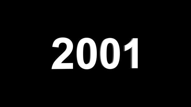 Bright white 3D number 2001 text animation floating against a deep black void offering a vibrant and modern visual for the year with a sense of digital energy. 