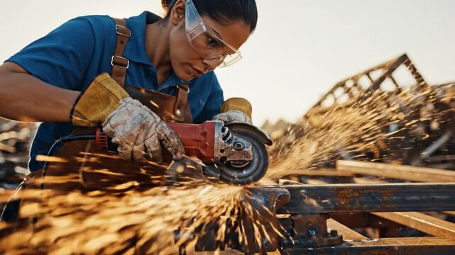 Cinematic close up video of a worker using an angle grinder to cut metal outdoors in the morning Bright sparks burst and scatter dynamically from the cutting point The worker wears gloves and protecti