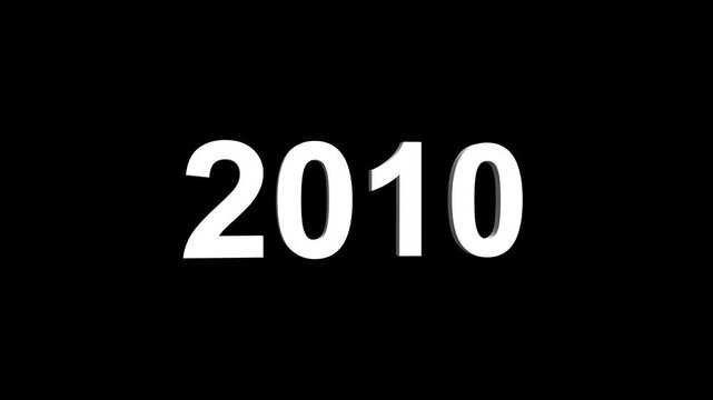 Bright white 3D number 2010 text animation floating against a deep black void offering a vibrant and modern visual for the year with a sense of digital energy. 
