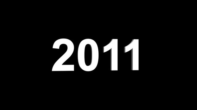 Bright white 3D number 2011 text animation floating against a deep black void offering a vibrant and modern visual for the year with a sense of digital energy. 