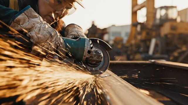 Cinematic slow motion close view of an angle grinder cutting through metal outdoors Bright sparks scatter across the frame with dramatic contrast Soft morning light enhances reflections and textures W