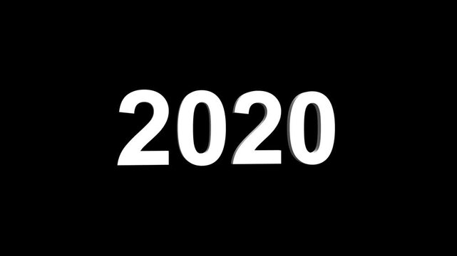 Bright white 3D number 2020 text animation floating against a deep black void offering a vibrant and modern visual for the year with a sense of digital energy. 