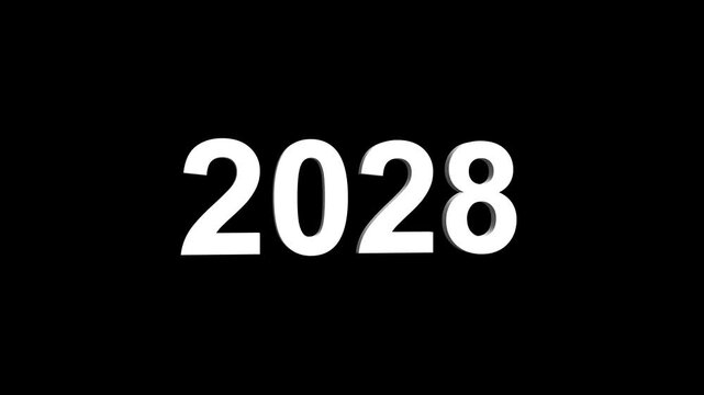Bright white 3D number 2028 text animation floating against a deep black void offering a vibrant and modern visual for the year with a sense of digital energy. 