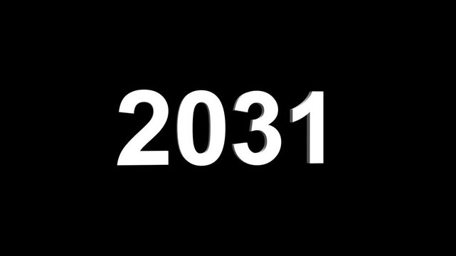 Bright white 3D number 2031 text animation floating against a deep black void offering a vibrant and modern visual for the year with a sense of digital energy. 