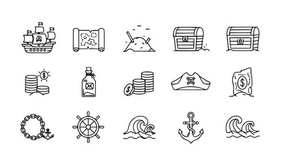 Minimal Pirate Ocean Adventure Icon Pack with Vintage Nautical Elements Line Art Vector © MdSakib