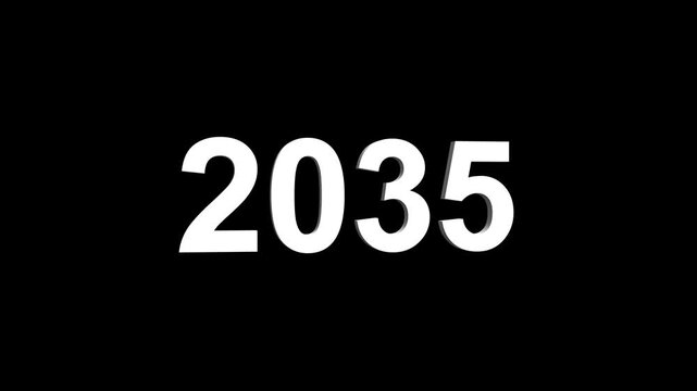 Bright white 3D number 2035 text animation floating against a deep black void offering a vibrant and modern visual for the year with a sense of digital energy. 