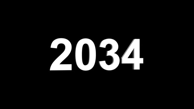 Bright white 3D number 2034 text animation floating against a deep black void offering a vibrant and modern visual for the year with a sense of digital energy. 