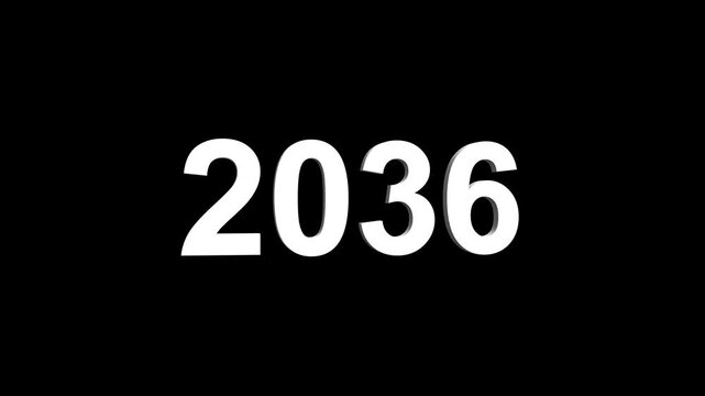 Bright white 3D number 2036 text animation floating against a deep black void offering a vibrant and modern visual for the year with a sense of digital energy. 