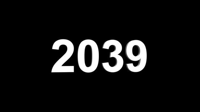 Bright white 3D number 2039 text animation floating against a deep black void offering a vibrant and modern visual for the year with a sense of digital energy. 