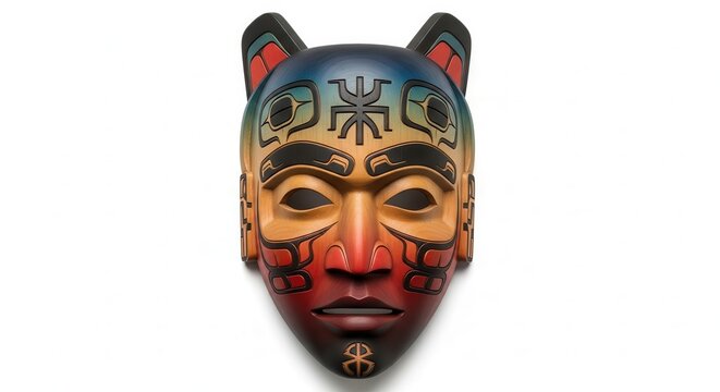 Vibrant Cultural Mask with Gradient Colors and Intricate Symbolism on White Background