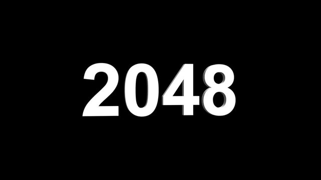 Bright white 3D number 2048  text animation floating against a deep black void offering a vibrant and modern visual for the year with a sense of digital energy. 