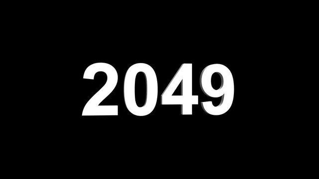 Bright white 3D number 2049 text animation floating against a deep black void offering a vibrant and modern visual for the year with a sense of digital energy. 