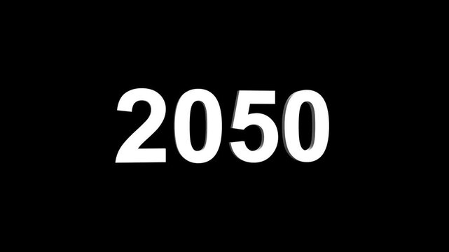Bright white 3D number 2050 text animation floating against a deep black void offering a vibrant and modern visual for the year with a sense of digital energy. 