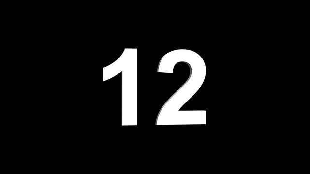 Bold white 3D number 12 illuminated on a black backdrop, ideal for anniversaries, milestones, business achievements, or promotional campaigns. Animated alphabet symbol loop animation.