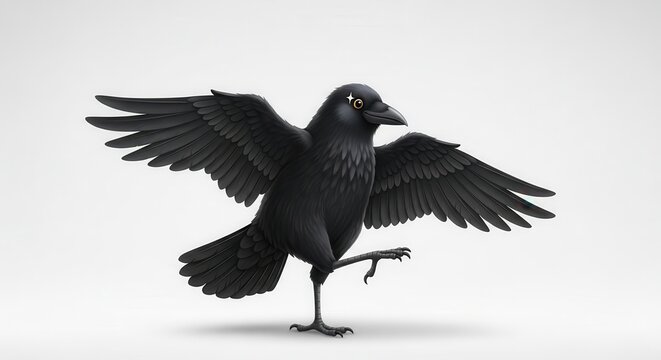 Graceful dark feathered corvid in a dynamic flight-ready pose with outstretched wings on a clean