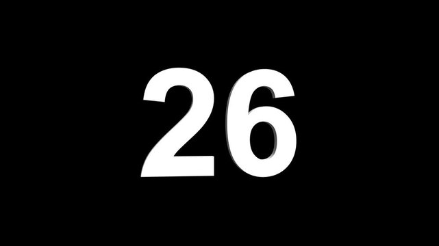 Bold white 3D number 26 illuminated on a black backdrop, ideal for anniversaries, milestones, business achievements, or promotional campaigns. Animated alphabet symbol loop animation.