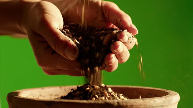Hands Gently Pouring Dark Soil Seeds and Organic Matter Into Clay Pot Isolated Green Screen Background Warm Sunlight