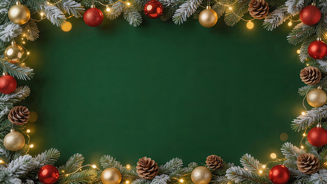 A deep emerald green Christmas background, bordered with elegant Christmas elements including frosted pine branches. Christmas Background, Christmas, Christmas Tree, Merry Christmas