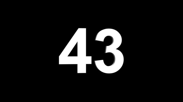 Bold white 3D number 43 illuminated on a black backdrop, ideal for anniversaries, milestones, business achievements, or promotional campaigns. Animated alphabet symbol loop animation.