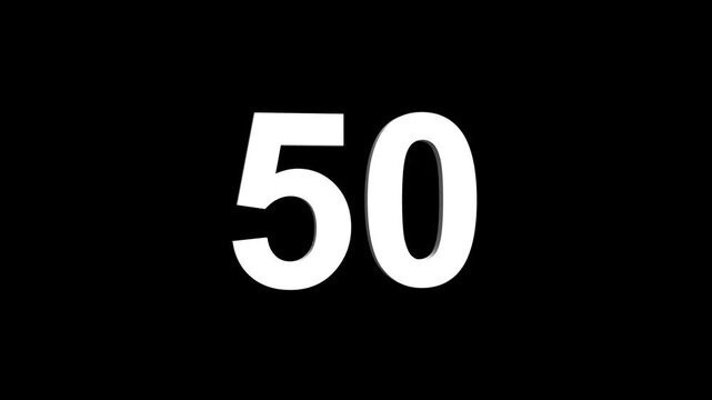 Bold white 3D number 50 illuminated on a black backdrop, ideal for anniversaries, milestones, business achievements, or promotional campaigns. Animated alphabet symbol loop animation.