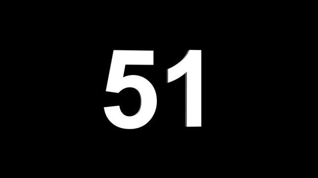 Bold white 3D number 51 illuminated on a black backdrop, ideal for anniversaries, milestones, business achievements, or promotional campaigns. Animated alphabet symbol loop animation.