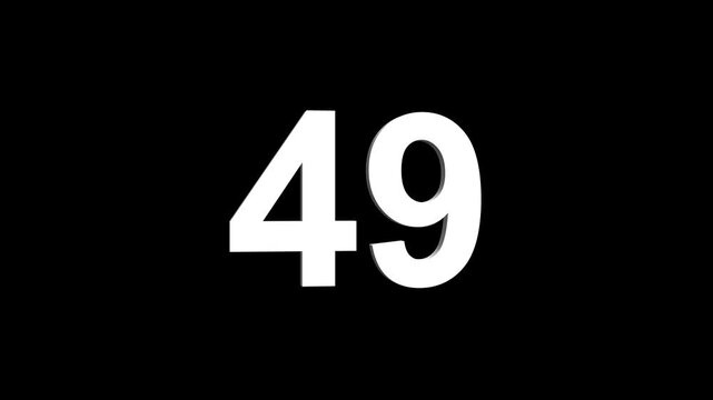 Bold white 3D number 49 illuminated on a black backdrop, ideal for anniversaries, milestones, business achievements, or promotional campaigns. Animated alphabet symbol loop animation.