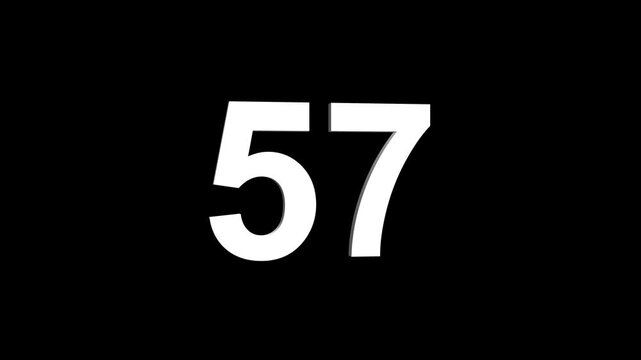 Bold white 3D number 57 illuminated on a black backdrop, ideal for anniversaries, milestones, business achievements, or promotional campaigns. Animated alphabet symbol loop animation.