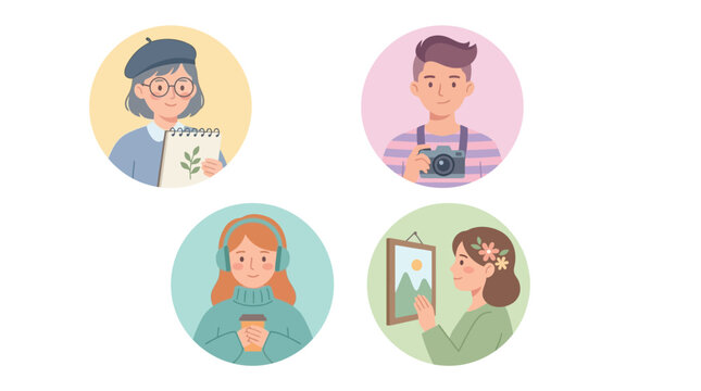 Four diverse cartoon profile pictures illustrating people engaged in various hobbies and leisure activities like art, photography, and home decor.