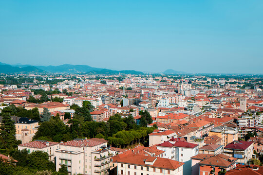 a bird eye view over the lower town of Bergamo, in Italy