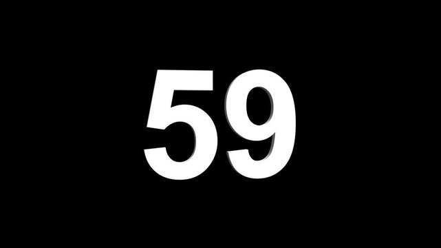 Bold white 3D number 59 illuminated on a black backdrop, ideal for anniversaries, milestones, business achievements, or promotional campaigns. Animated alphabet symbol loop animation.
