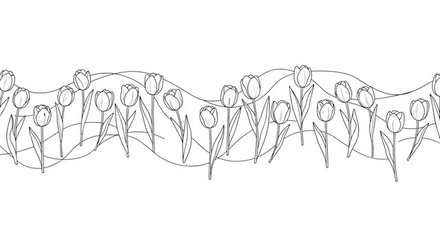 Elegant black and white hand-drawn border of tulips and wavy dashed lines creating a continuous floral design element.