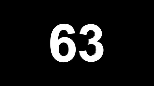 Bold white 3D number 63 illuminated on a black backdrop, ideal for anniversaries, milestones, business achievements, or promotional campaigns. Animated alphabet symbol loop animation.
