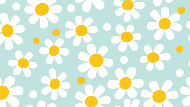 Vibrant floral seamless pattern of white daisy blossoms and yellow dots scattered across a pastel blue background.