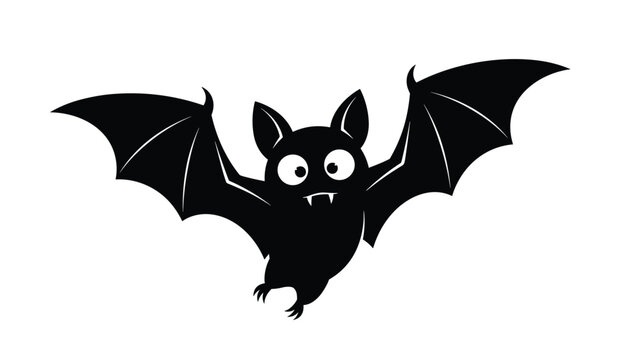 Cute black silhouette of a flying bat with large eyes and small fangs isolated on a clean white background for Halloween.