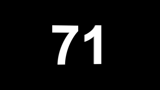 Bold white 3D number 71 illuminated on a black backdrop, ideal for anniversaries, milestones, business achievements, or promotional campaigns. Animated alphabet symbol loop animation.
